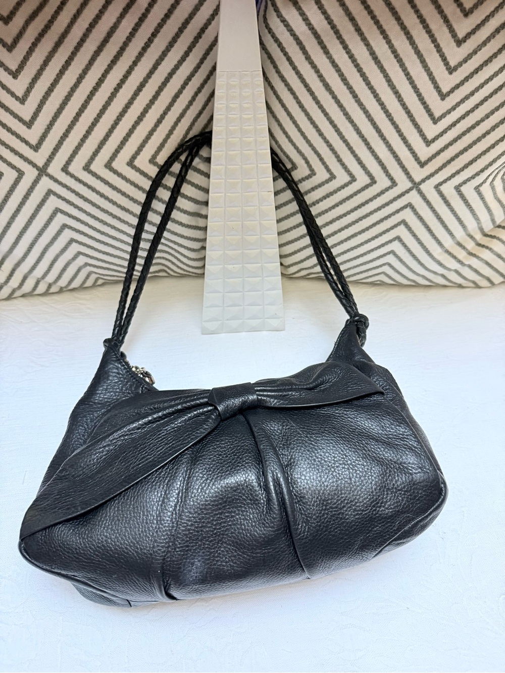 Elliott Lucca Black Leather Bow-Accent Shoulder Satchel - Picture 12 of 12